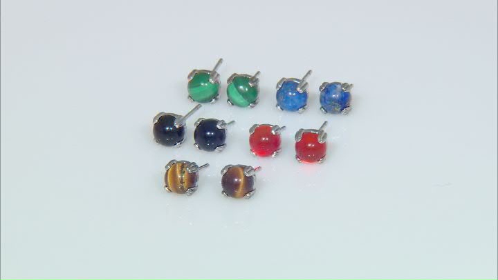 Multi-Color Multi-Gem Platinum Over Sterling Silver Set of 5 Earrings Box Set Video Thumbnail