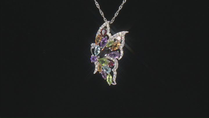 Multicolor Multi-Gem Rhodium Over Sterling Silver Butterfly Pendant With Chain 4.02ctw Video Thumbnail