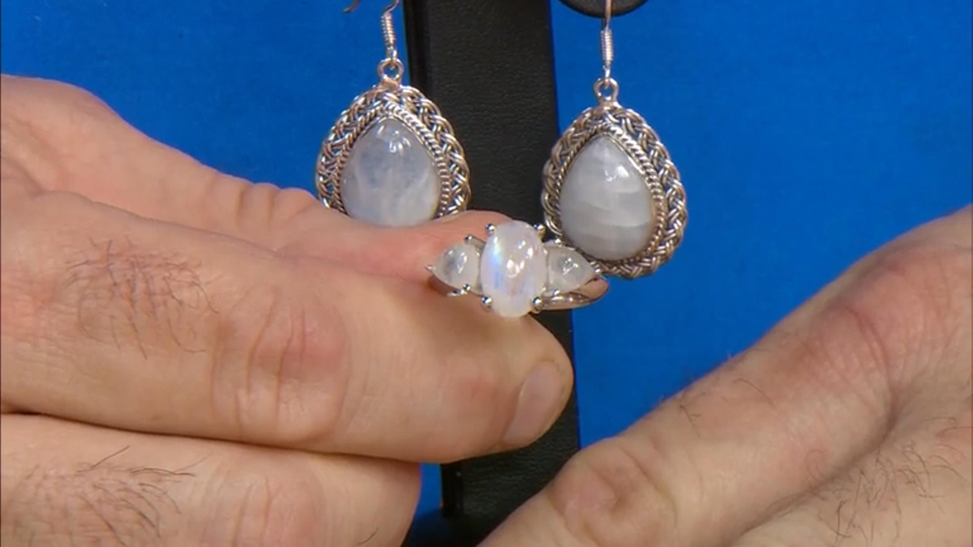 Rainbow Moonstone Rhodium Over Sterling Silver 3-Stone Ring Video Thumbnail