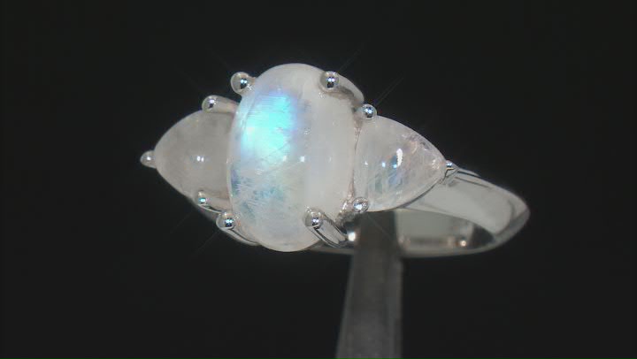 Rainbow Moonstone Rhodium Over Sterling Silver 3-Stone Ring Video Thumbnail