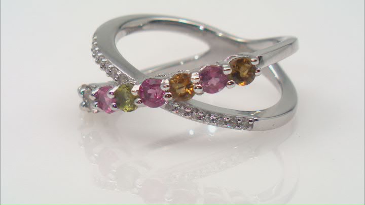 Multi Tourmaline Rhodium Over Sterling Silver Crossover Ring 0.87ctw Video Thumbnail