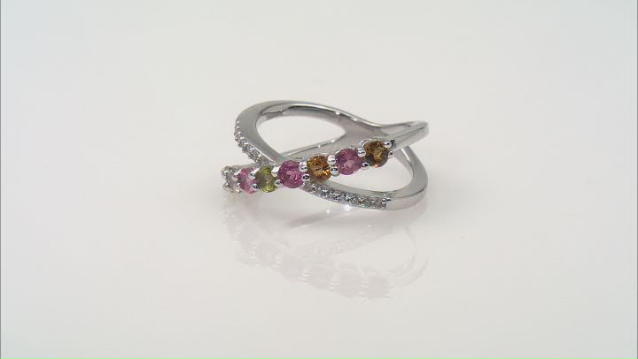 Multi Tourmaline Rhodium Over Sterling Silver Crossover Ring 0.87ctw Video Thumbnail