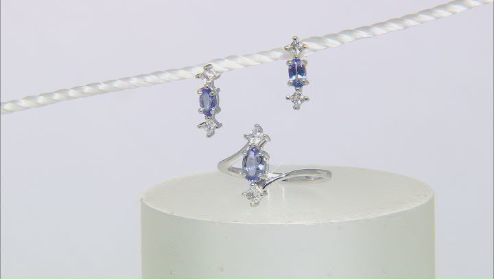 Blue Tanzanite Rhodium Over Silver Ring, Earrings Set 1.13ctw Video Thumbnail