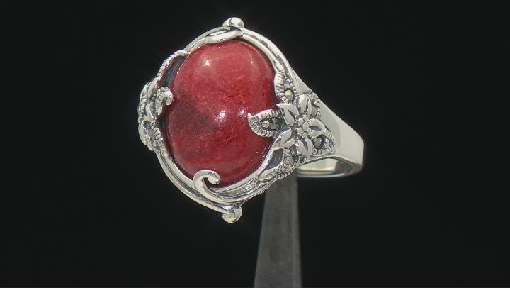 Red Sponge Coral With Marcasite Sterling Silver Ring Video Thumbnail
