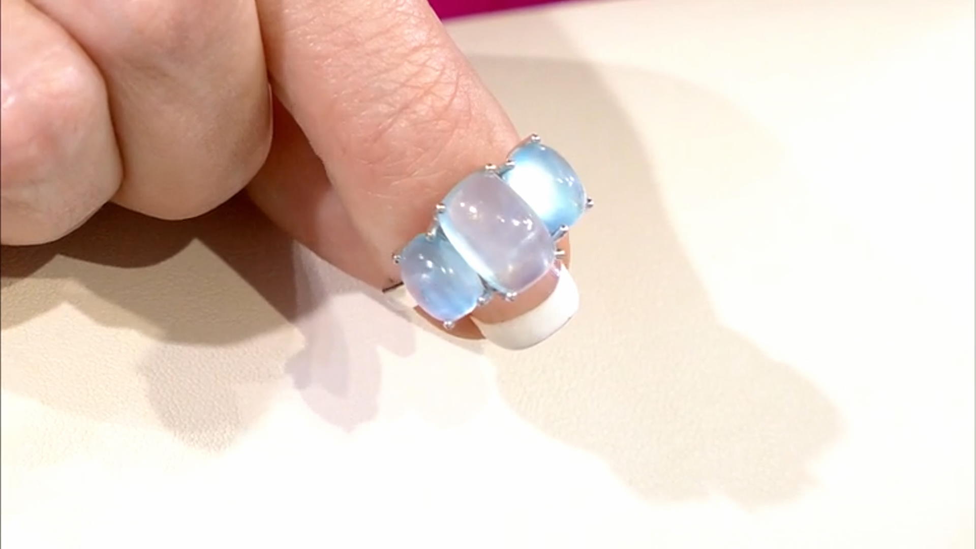 Blue Dreamy Aquamarine Rhodium Over Sterling Silver 3-Stone Ring Video Thumbnail
