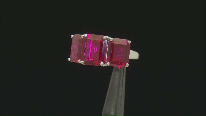 Red Lab Created Ruby Rhodium Over Sterling Silver 3-Stone Ring 12.24ctw Video Thumbnail