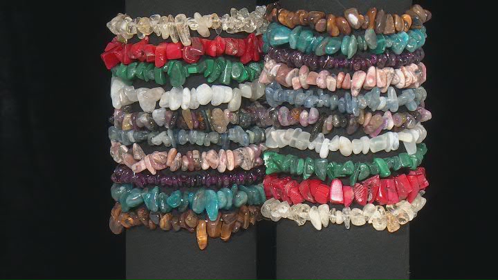 Multi-Color Assorted Gemstone Set of 20 Chips Stretch Bracelets Video Thumbnail