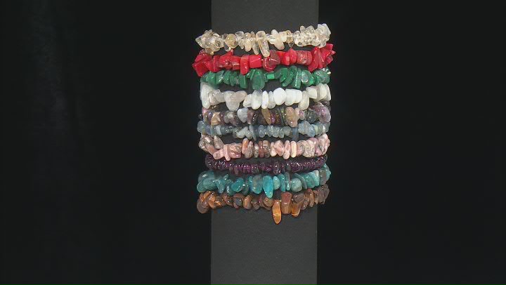Multi-Color Assorted Gemstone Set of 20 Chips Stretch Bracelets Video Thumbnail