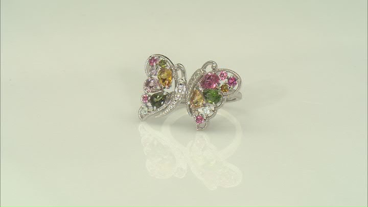 Multicolor Multi-Tourmaline Rhodium Over Sterling Silver Butterfly Ring 2.08ctw Video Thumbnail