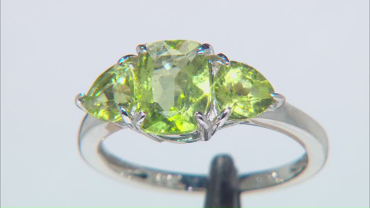 Green Peridot Rhodium Over Sterling Silver  3-Stone Ring 2.07ctw Video Thumbnail