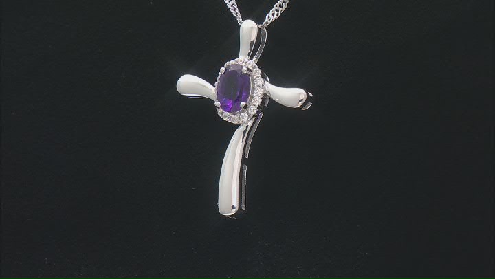 Purple African Amethyst Rhodium Over Sterling Silver Cross Pendant With Chain 0.79ctw Video Thumbnail