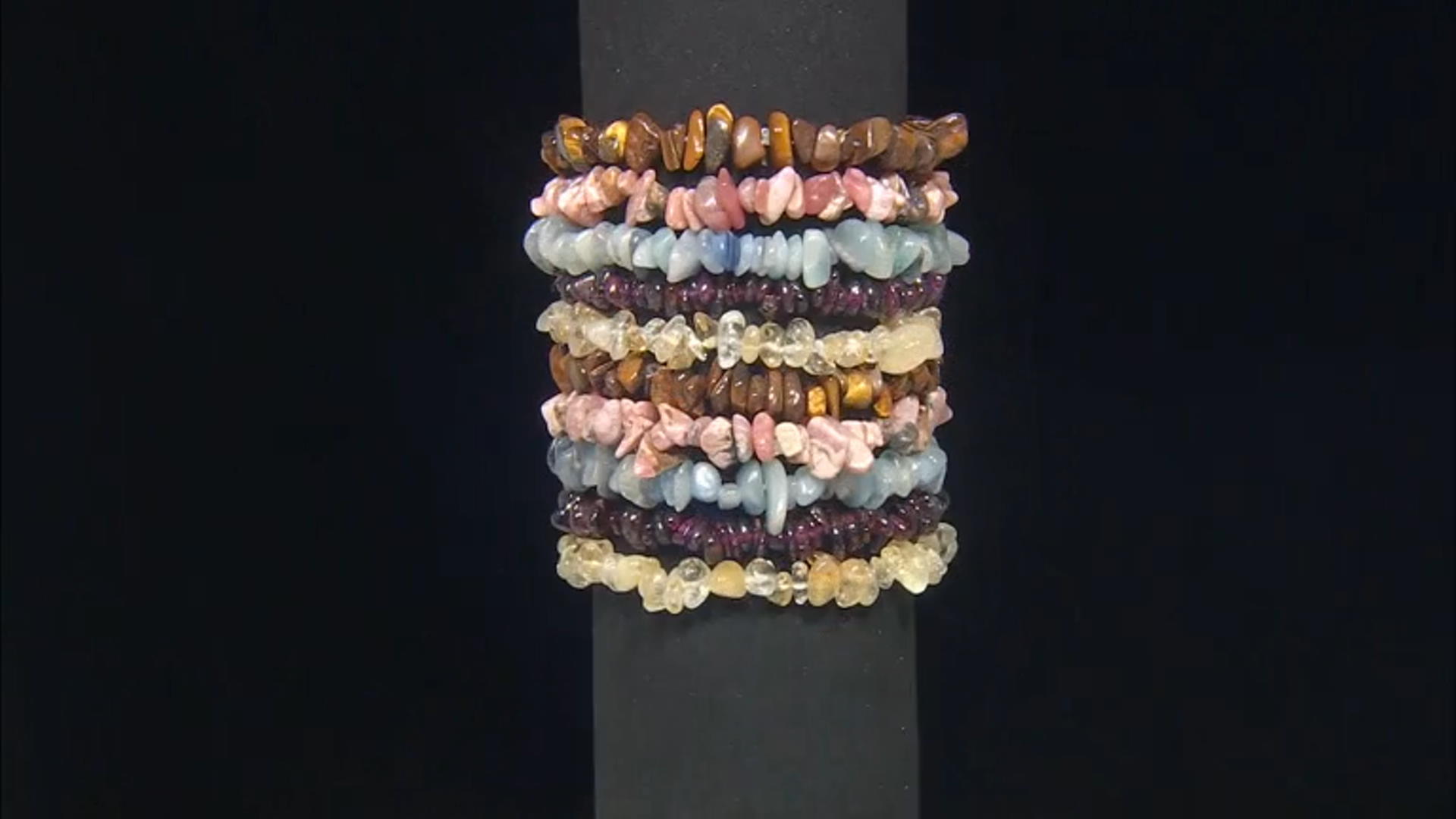 Multi-Color Assorted Gemstone Set of 10 Chip Stretch Bracelets Video Thumbnail