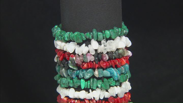 Multi-Color Assorted Gemstone Set of 10 Chip Stretch Bracelets Video Thumbnail