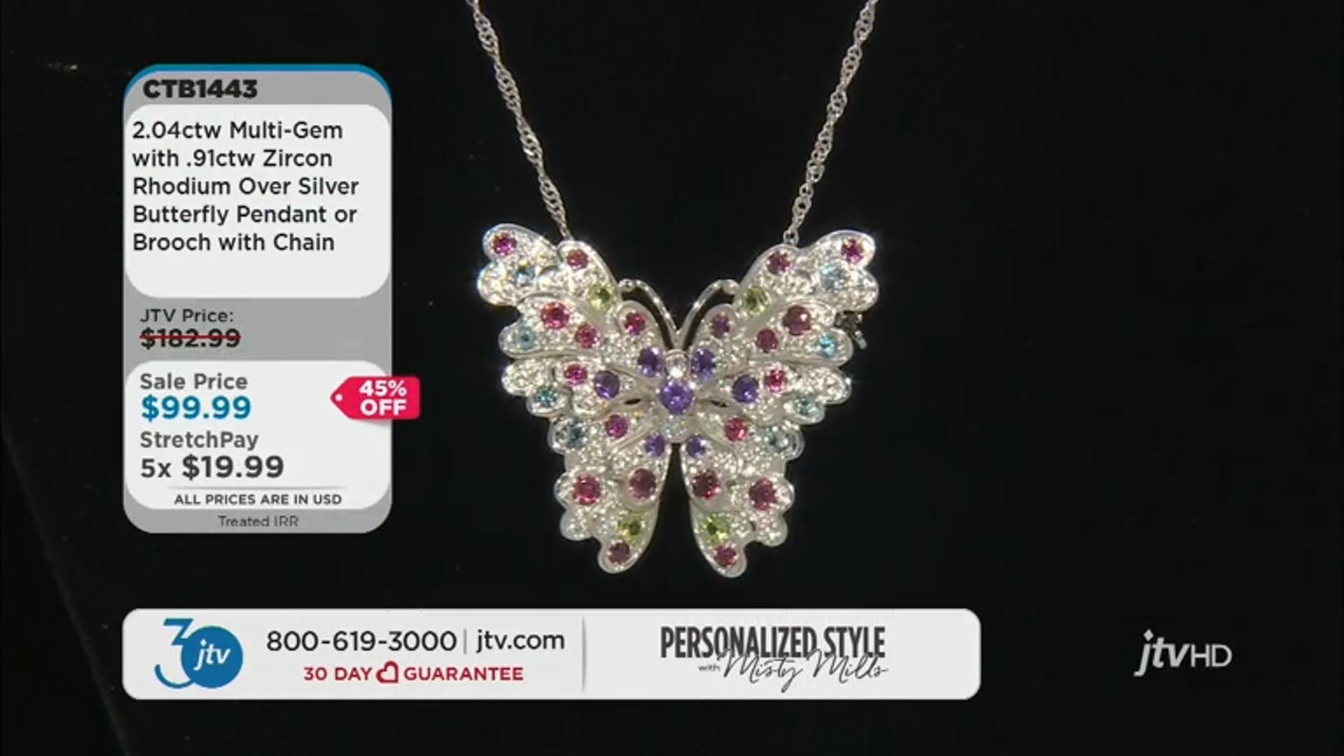 Multicolor Multi-Gem Rhodium Over Sterling Silver Butterfly Pendant With Chain 2.95ctw Video Thumbnail