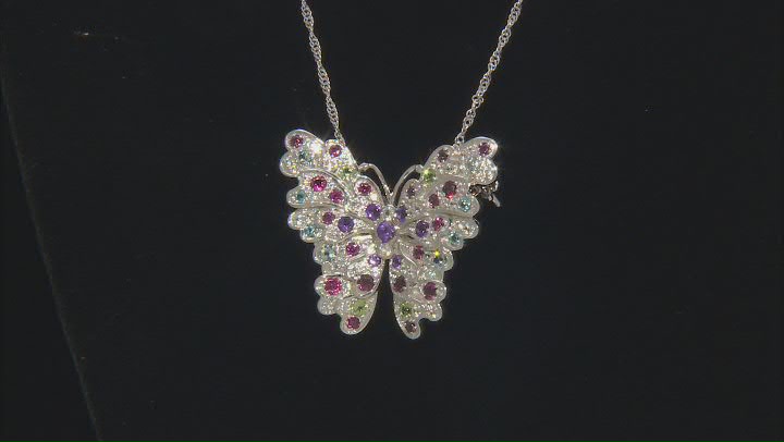 Multicolor Multi-Gem Rhodium Over Sterling Silver Butterfly Pendant With Chain 2.95ctw Video Thumbnail