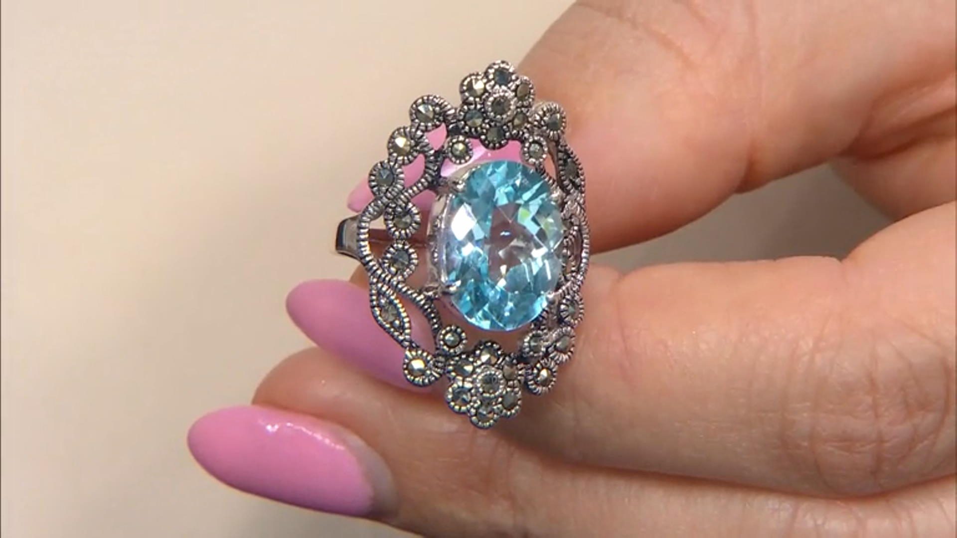 Sky Blue Topaz With Marcasite Sterling Silver Ring 6.33ct Video Thumbnail