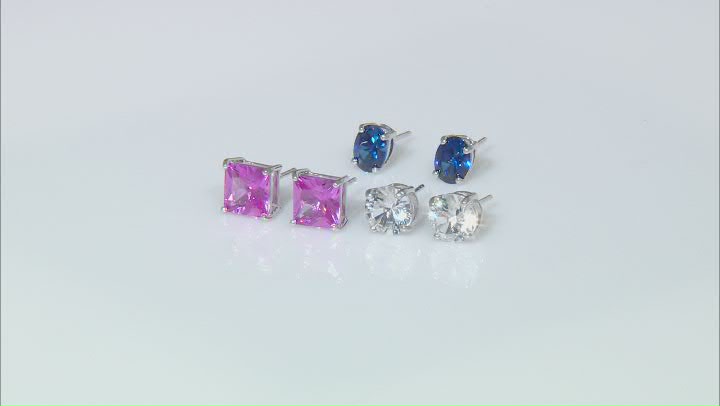 Multi Color Lab Created Sapphire Rhodium Over Silver Earrings Set 12.10ctw Video Thumbnail