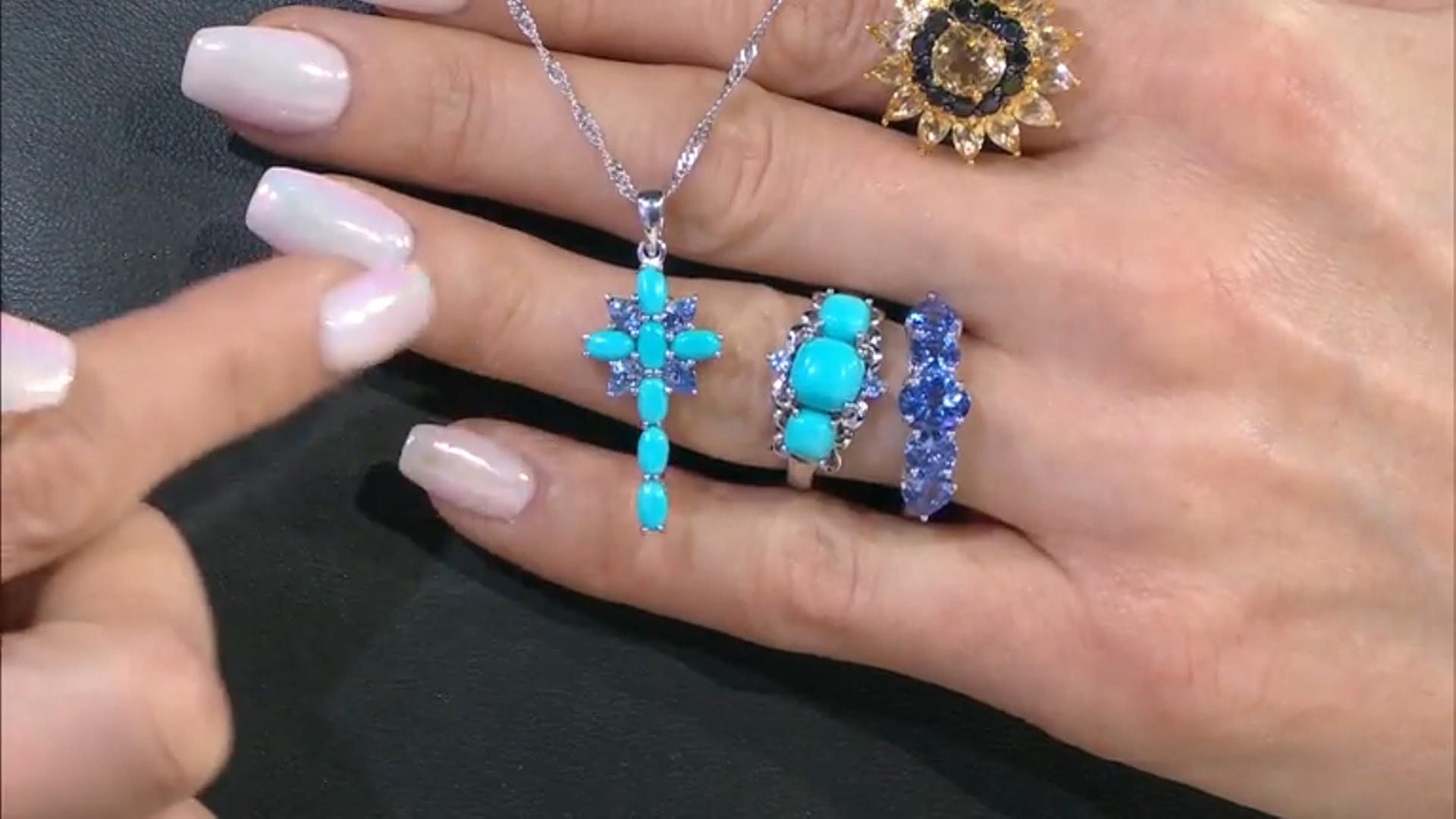 Blue Sleeping Beauty Turquoise Rhodium Over Silver Cross Pendant With Chain .44ctw Video Thumbnail