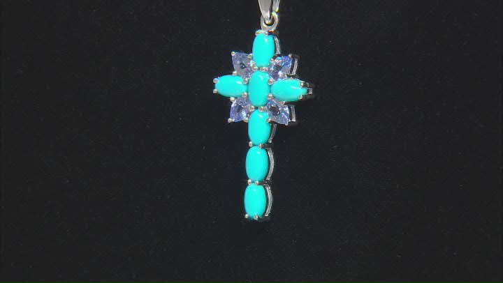 Blue Sleeping Beauty Turquoise Rhodium Over Silver Cross Pendant With Chain .44ctw Video Thumbnail
