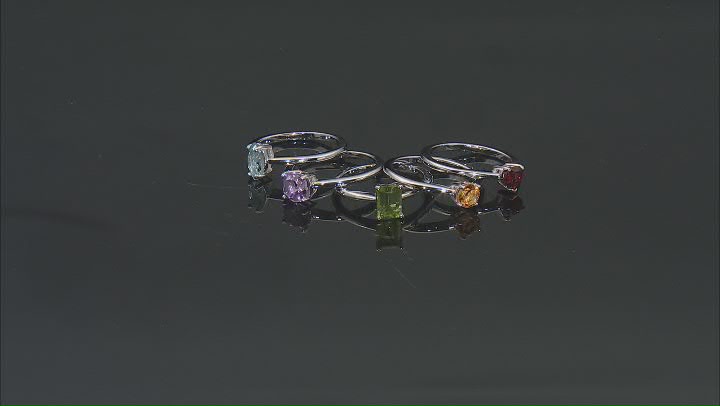 Multicolor Multi-Gemstone Rhodium Over Sterling Silver Ring Set 2.80ctw Video Thumbnail