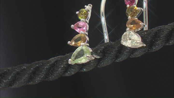 Multicolor Tourmaline Rhodium Over Sterling Silver Climber Earrings 1.46ctw Video Thumbnail