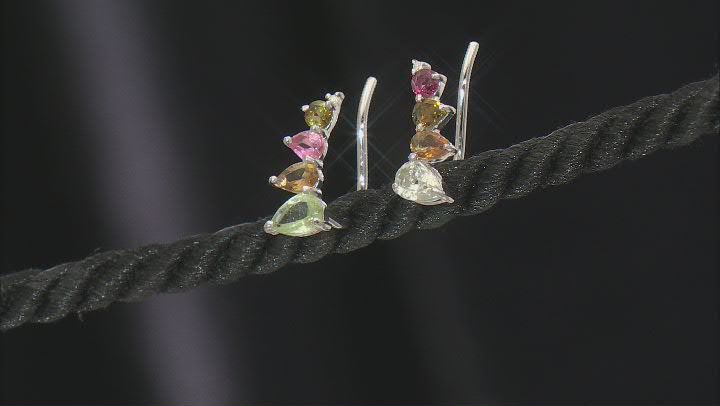 Multicolor Tourmaline Rhodium Over Sterling Silver Climber Earrings 1.46ctw Video Thumbnail