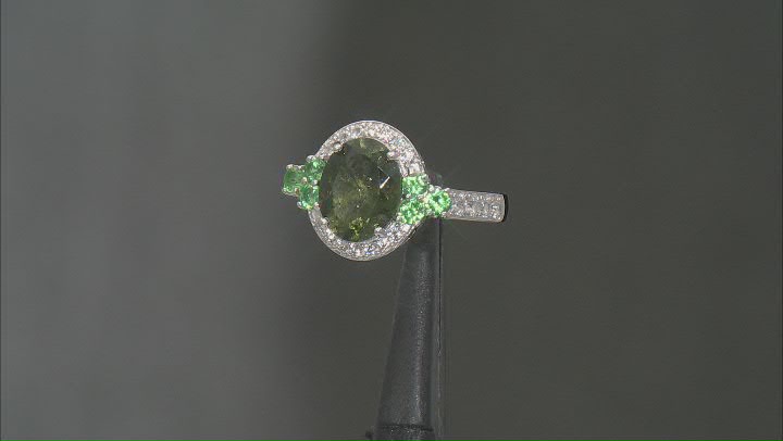 Green Moldavite Rhodium Over Sterling Silver Ring 2.68ctw Video Thumbnail