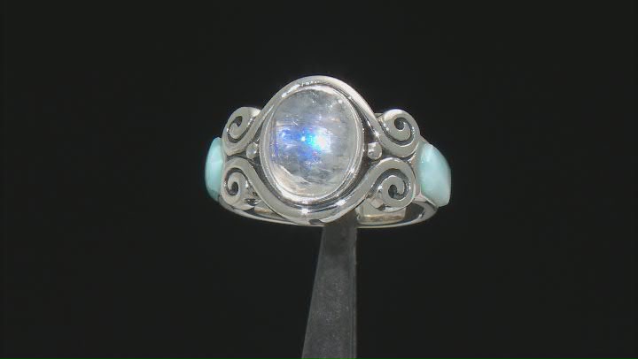 White Rainbow Moonstone Rhodium Over Sterling Silver 3-Stone Ring Video Thumbnail