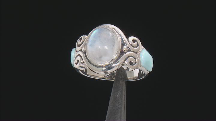 White Rainbow Moonstone Rhodium Over Sterling Silver 3-Stone Ring Video Thumbnail