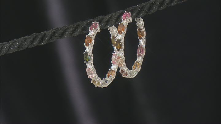 Multicolor Tourmaline Rhodium Over Sterling Silver Hoop Earrings 3.91ctw Video Thumbnail