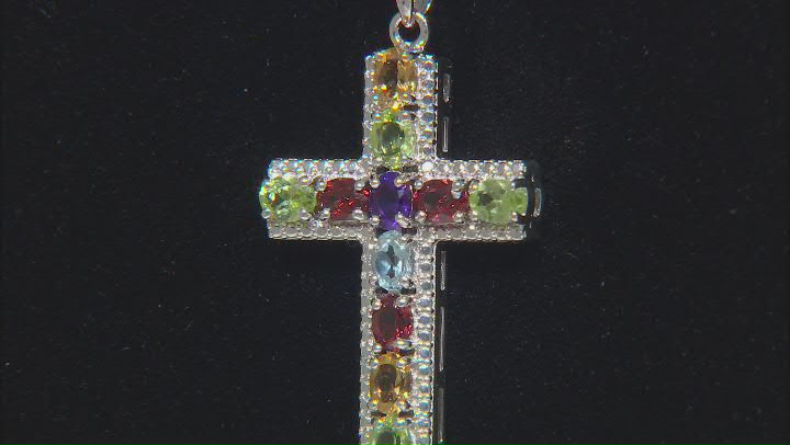 Multi-Gem Rhodium Over Sterling Silver Cross Pendant With Chain 1.91ctw Video Thumbnail
