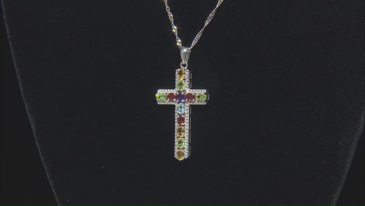 Multi-Gem Rhodium Over Sterling Silver Cross Pendant With Chain 1.91ctw Video Thumbnail