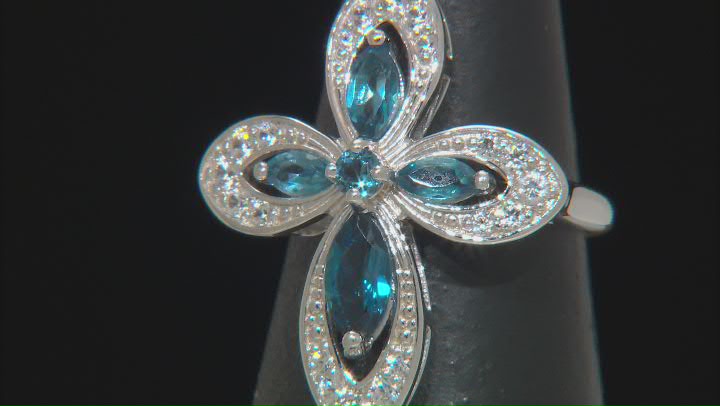 London Blue Topaz Rhodium Over Sterling Silver Cross Ring 1.77ctw Video Thumbnail