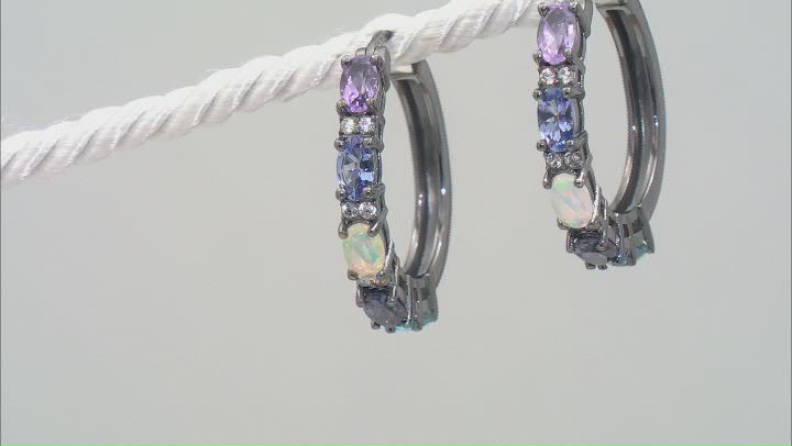 Multicolor Multi-Gem Black Rhodium Over Sterling Silver Hoop Earrings 2.16ctw Video Thumbnail