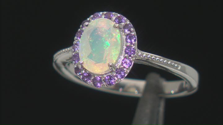 Multi Color Ethiopian Opal Rhodium Over Sterling Silver Halo Ring 1.03ctw Video Thumbnail