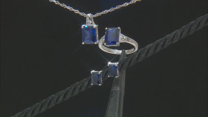 Blue Lab Created Sapphire Rhodium Over Sterling Silver Jewelry Set 8.48ctw Video Thumbnail
