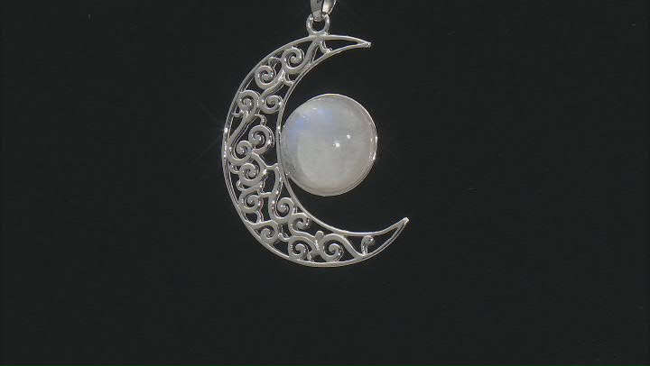 Rainbow Moonstone Rhodium Over Sterling Silver Crescent Moon Pendant With Chain Video Thumbnail