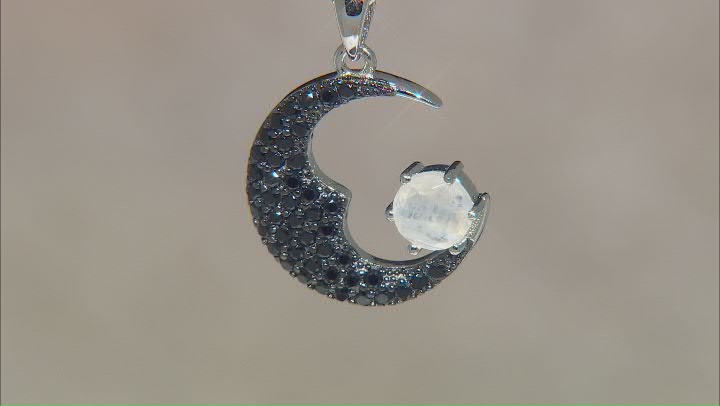 White Rainbow Moonstone Rhodium Over Silver Moon Pendant with Chain 1.26ctw Video Thumbnail