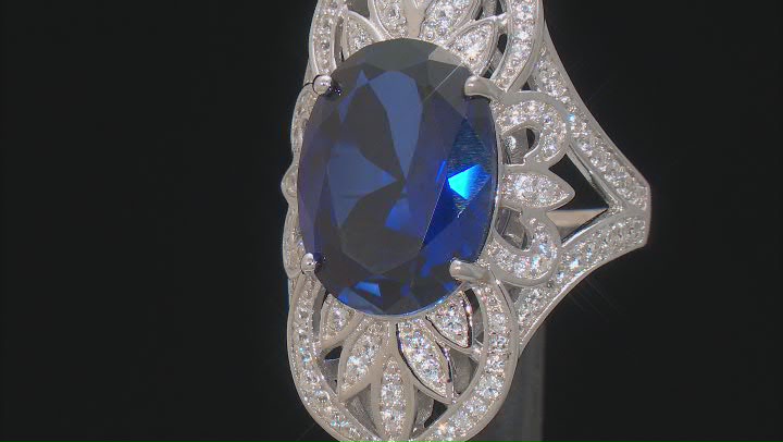 Blue Lab Created Sapphire Rhodium Over Silver Ring 9.43ctw Video Thumbnail