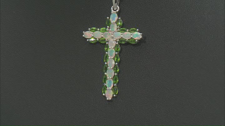 Multicolor Ethiopian Opal Rhodium Over Silver Cross Pendant Chain 2.59ctw Video Thumbnail