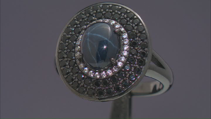 Blue Star Sapphire, Black Rhodium Over Sterling Silver Ring 3.72ctw Video Thumbnail