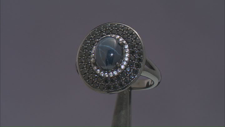 Blue Star Sapphire, Black Rhodium Over Sterling Silver Ring 3.72ctw Video Thumbnail