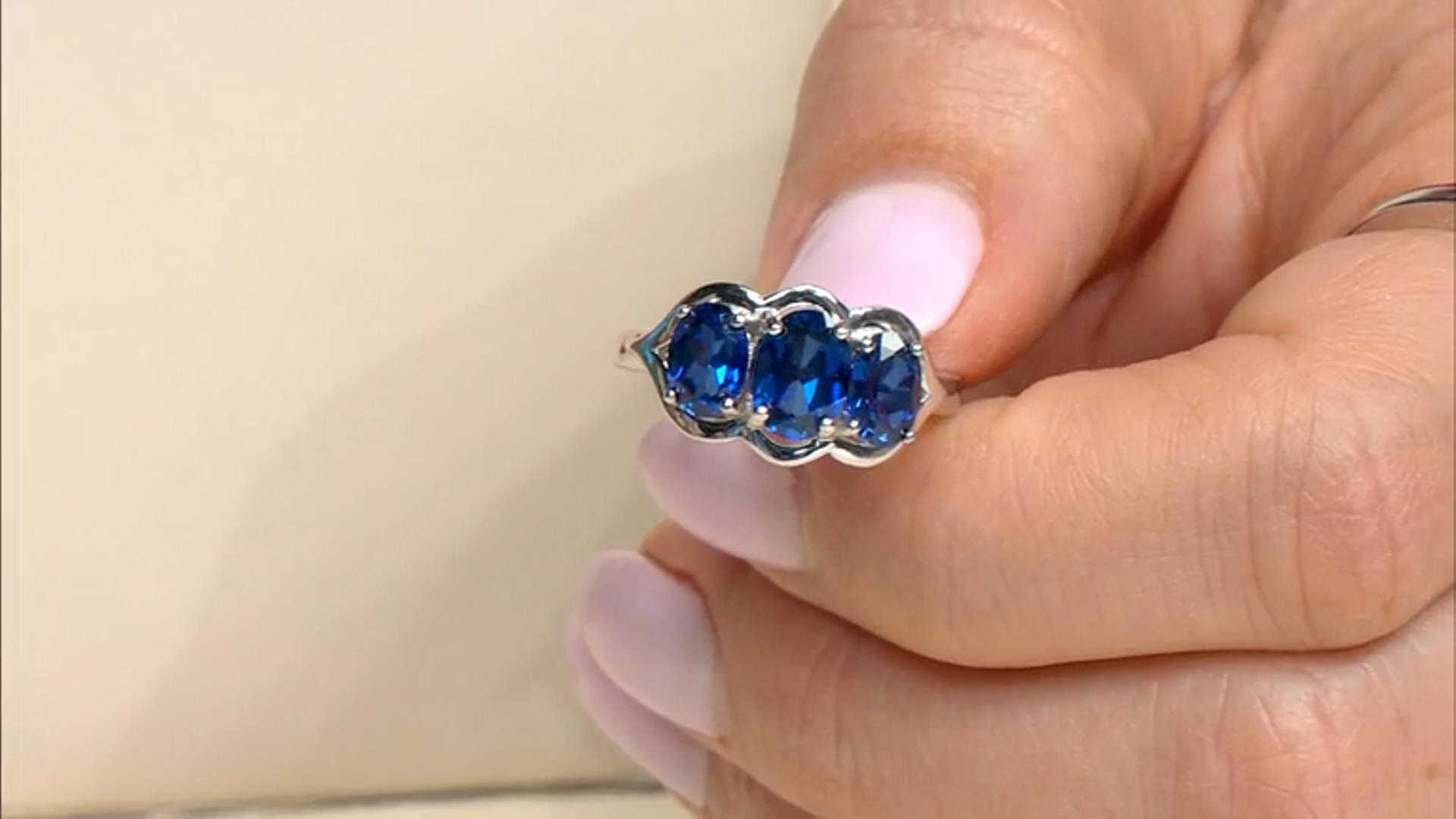 Blue Lab Created Sapphire Rhodium Over Sterling Silver 3-Stone Ring 4.25ctw Video Thumbnail