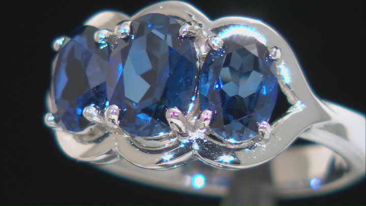 Blue Lab Created Sapphire Rhodium Over Sterling Silver 3-Stone Ring 4.25ctw Video Thumbnail