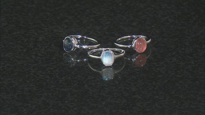 Blue Star Sapphire, Rainbow Moonstone, Sunstone Rhodium Over Silver Ring Set Video Thumbnail