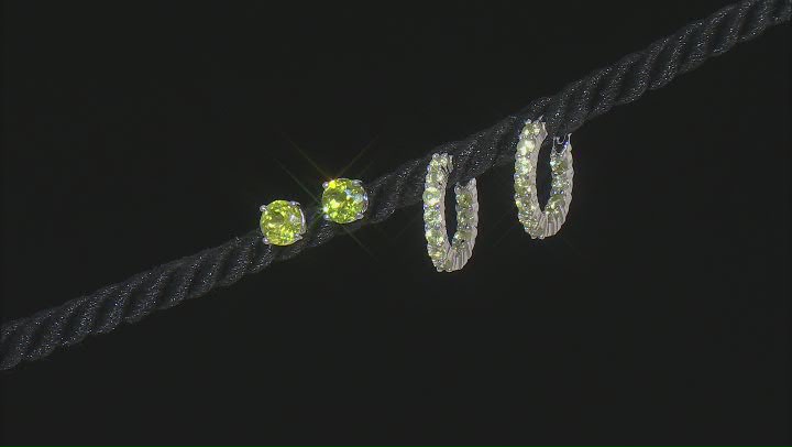 Green Peridot Rhodium Over Sterling Silver Studs And Hoop Earrings Set 2.24ctw Video Thumbnail