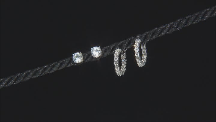 White Topaz Rhodium Over Sterling Silver Studs And Hoop Earrings Set 3.16ctw Video Thumbnail