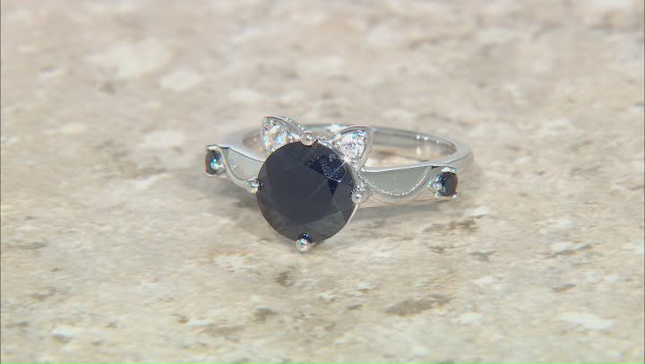 Black Spinel With White Zircon Rhodium Over Sterling Silver Cat Ring Video Thumbnail