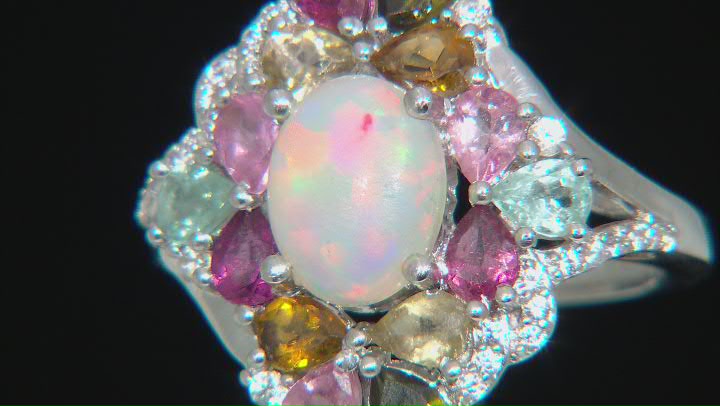 Multicolor Ethiopian Opal Rhodium Over Sterling Silver Ring 3.39ctw Video Thumbnail