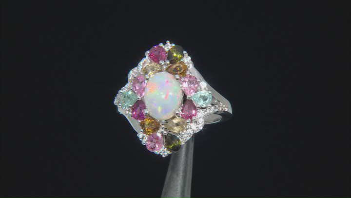 Multicolor Ethiopian Opal Rhodium Over Sterling Silver Ring 3.39ctw Video Thumbnail